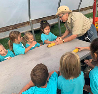 adult handing out ears of corn to the students